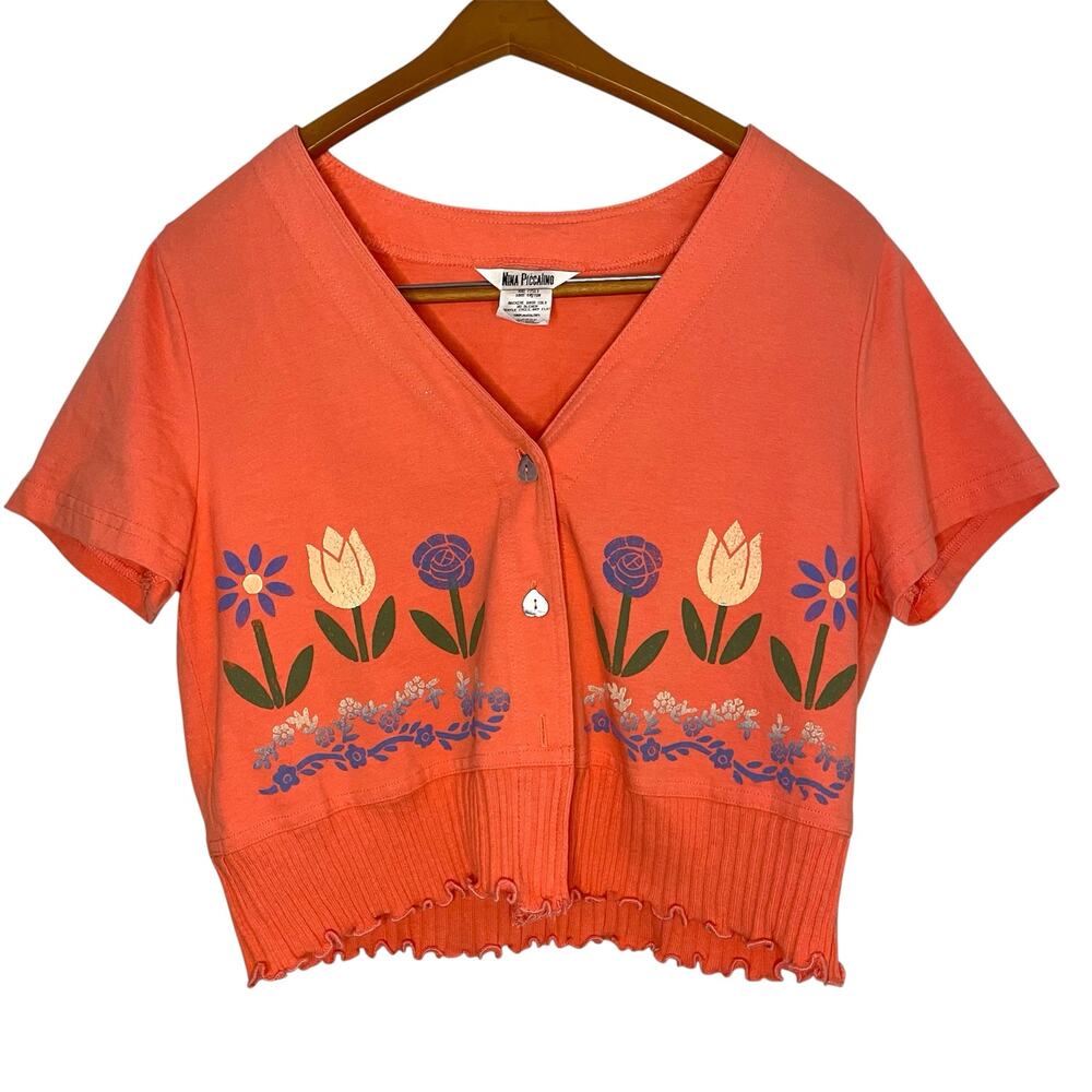 Nina Piccalino VTG Cropped Top Womens Size L Floral Button Up Cotton Boho Spring